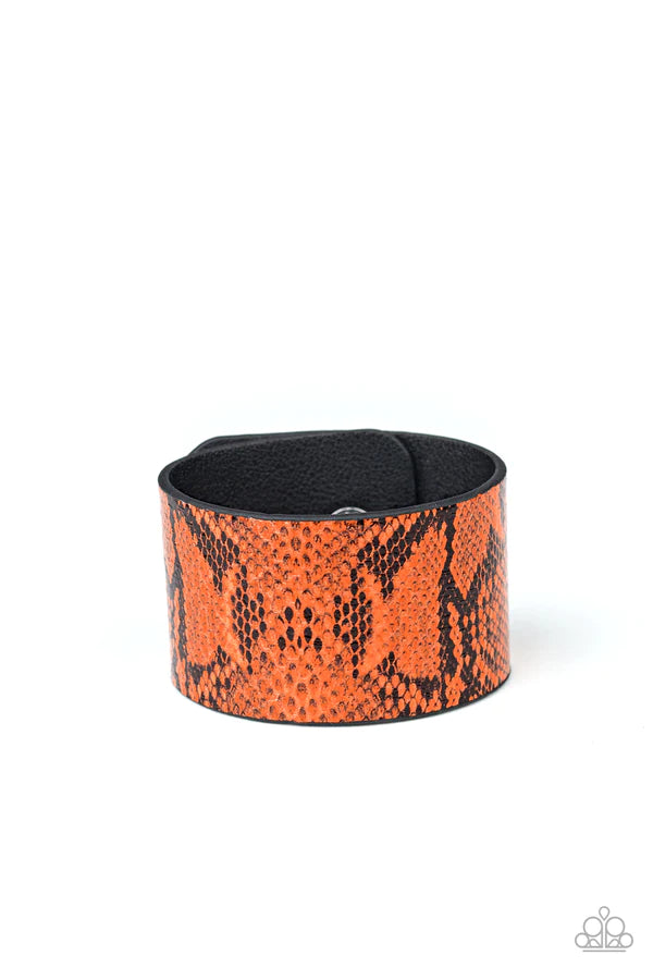 Its a Jungle Out There - Neon Orange Python Print Leather Wrap Wild Look Adjustable Snap Closure Bracelet B#145