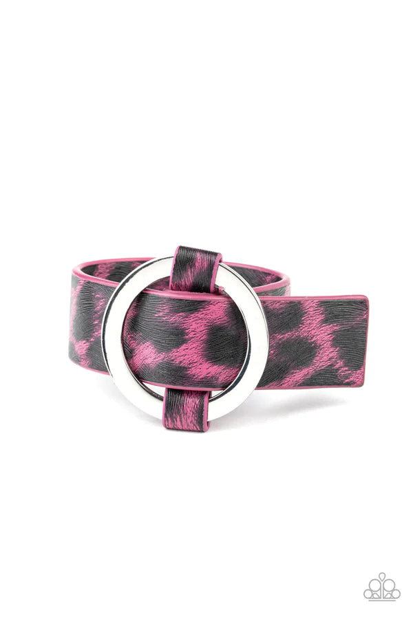Jungle Cat Couture - Pink Cheetah Pattern Textured Leather Loops Through The Center Silver Hoop Adjustable Belt Loop Closure Bracelet B#276