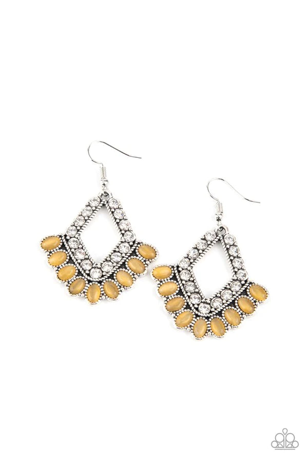 Just BEAM Happy - Oversized Yellow Oval Kite Cat's Eye Moonstone Encrusted Earrings E#1487