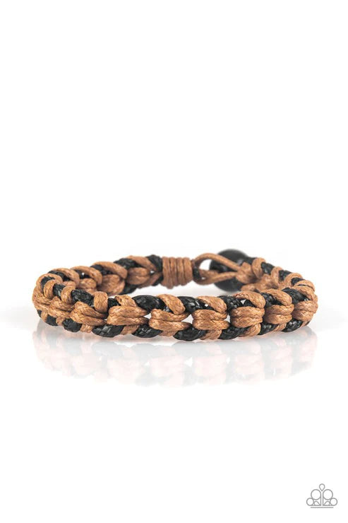 KNOT Another Word! - Brown/Black Braided Knotted Cord Button Loop Closure Urban Bracelet B#1750