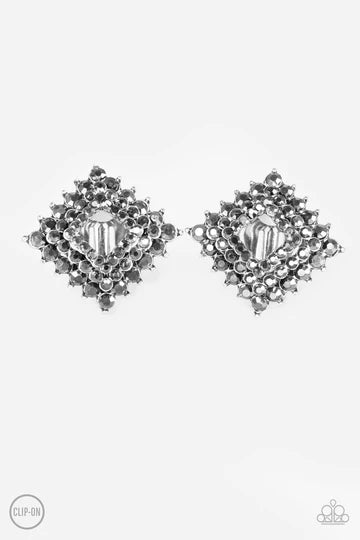 Kensington Keepsake - Oversized Silver/Gunmetal Curve Trio Stacked Square Hematite Encrusted Clip-On Earrings E#1500