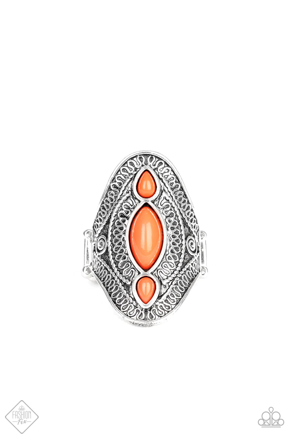 Kindred Spirit - Oversized Orange (Coral) Embossed Swirl Filigree Marquise Cut/Teardrop Tribal Ring R#1223