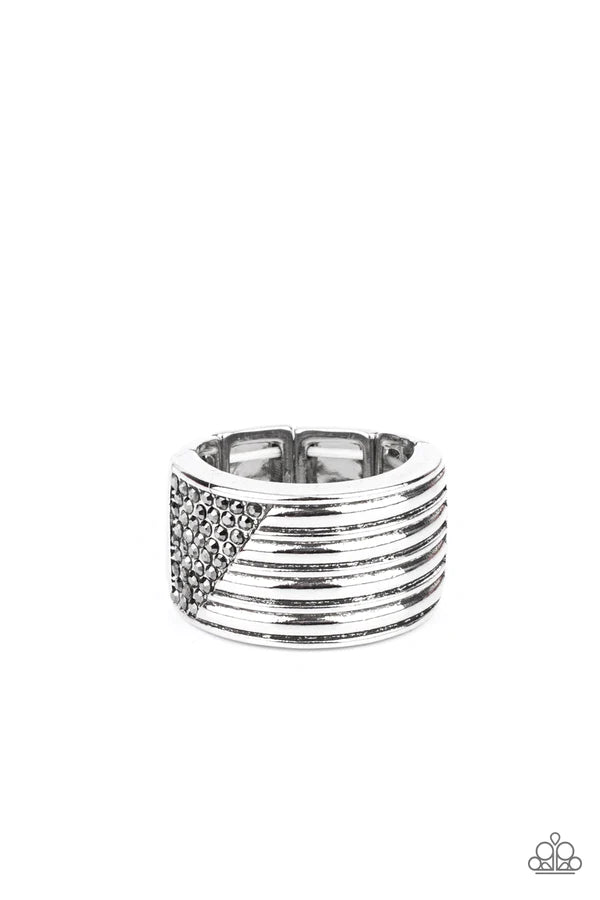 Legendary Lineup - Oversized Silver Engraved Linear Hematite Encrusted Urban Ring R#019