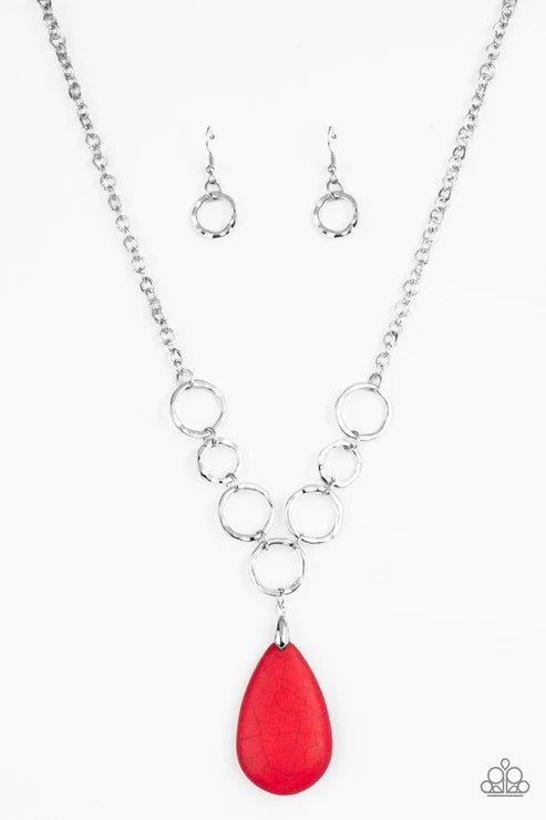 Livin On A PRAIRIE - Red Stone Hammered Teardrop Necklace N#2162