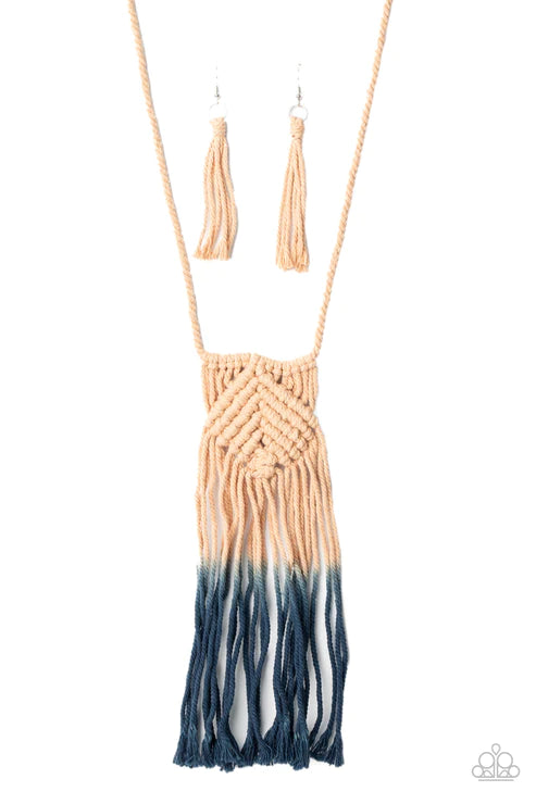Look At MACRAME Now - Blue/Gray Ombre Twine Cord Knotted/Weaved Tasseled Macrame Necklace N#1965