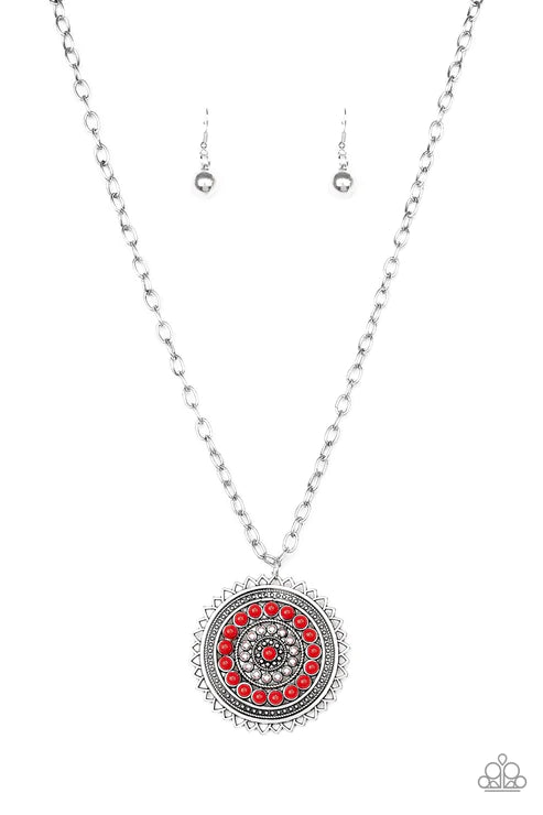 Lost SOL - Oversized Red/Silver Decorated 3D Sunburst Tribal Pendant Necklace N#2039