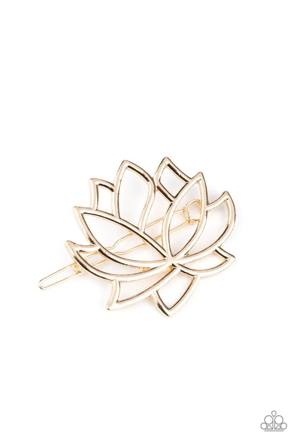 Lotus Pools - Oversized Gold Airy 3D Lotus Floral Bloom Hair Clamp Barrette HH#852