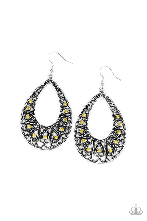 Love To Be Loved - Oversized Yellow 3D Heart Fan Dotted/Studded Encrusted Teardrop Earrings E#2425