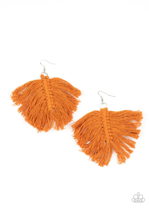 Macrame Mamba - Oversized Brown Rustic Threaded Tassels Knotted Leaf Macrame Fringe Earrings E#2613