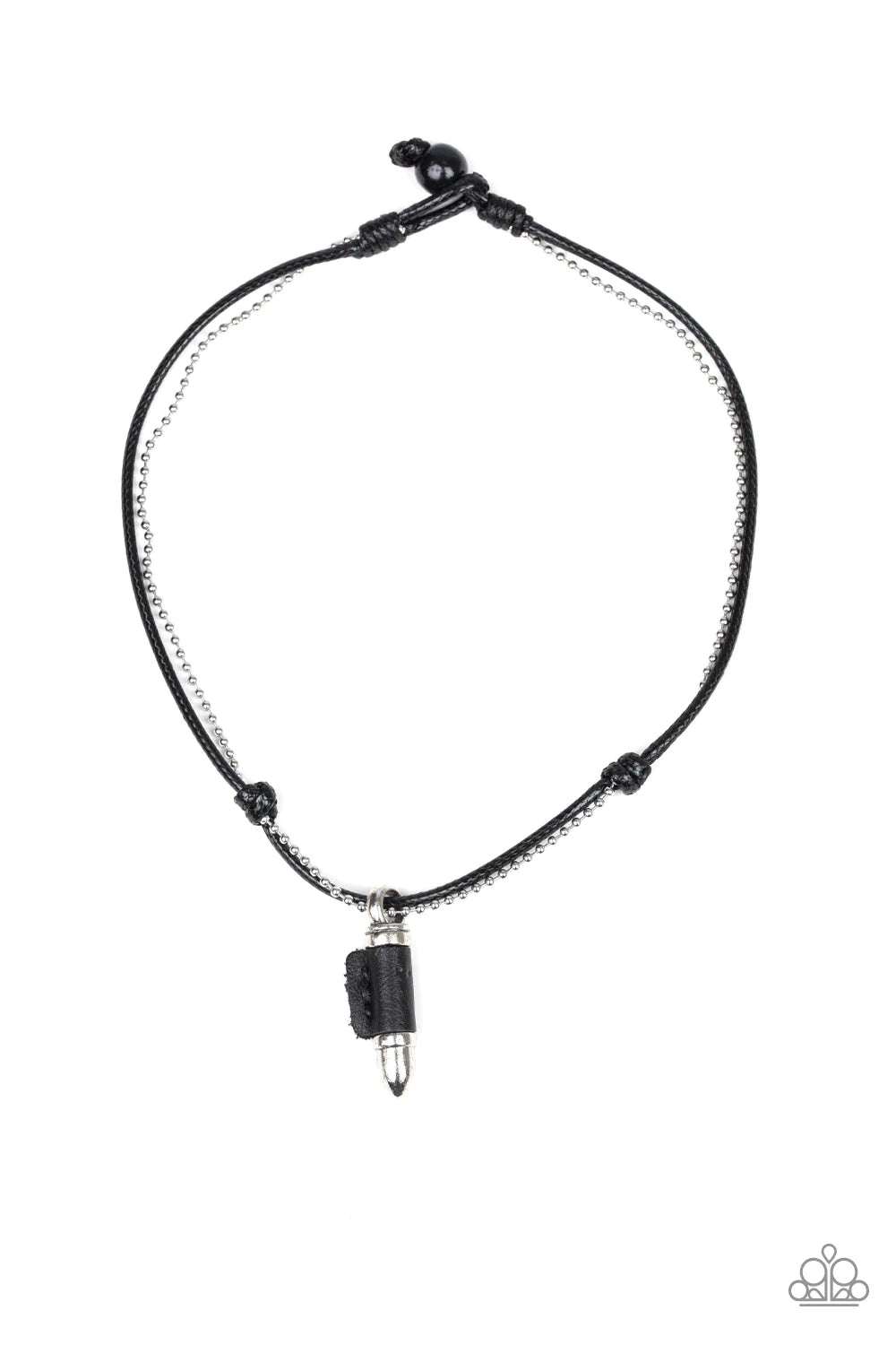 Magic Bullet - Oversized Black/Silver BULLET Knotted Beaded Chain Leather Button Loop Closure Urban Necklace N#1155