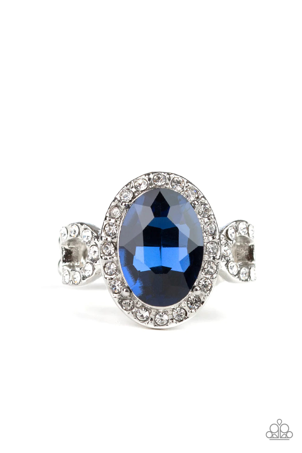 Magnificent Majesty - Oversized Blue Oval Gem Frame Radiating White Encrusted Regal Flair Ring R#1190
