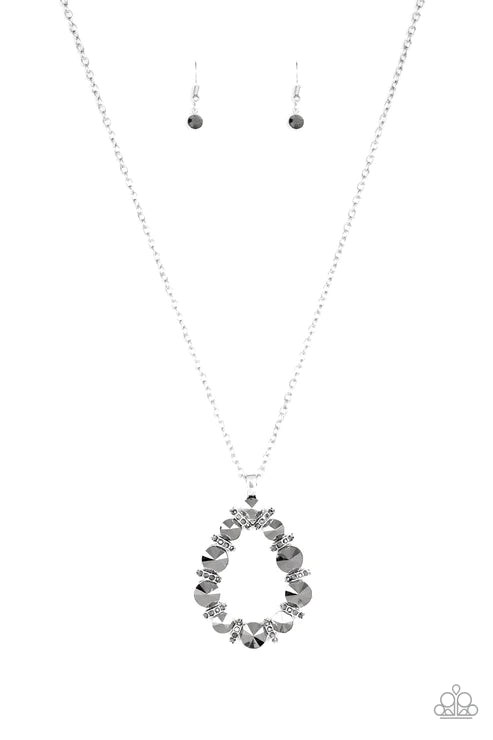 Making Millions - Oversized Smoky Silver/Hematite Encrusted Teardrop Necklace N#1892