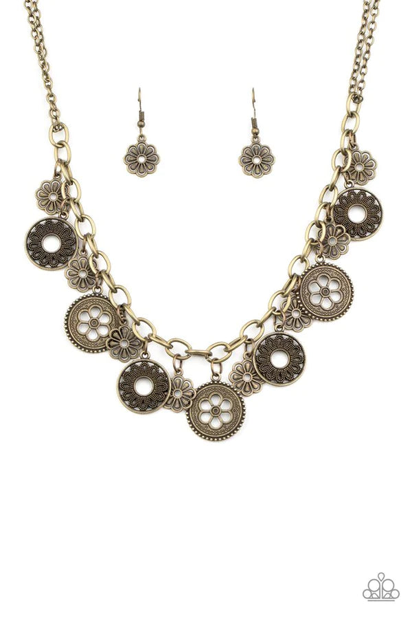 Meadow Masquerade - Brass Antiqued 3D Floral Charms Fringe Necklace N#340