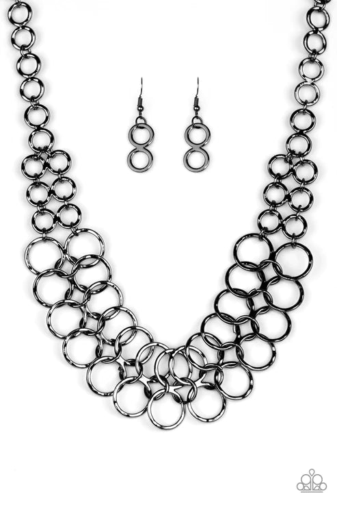 Metro Maven - Oversized Black Double-Linked Connected Rings Industrial Necklace N#1880