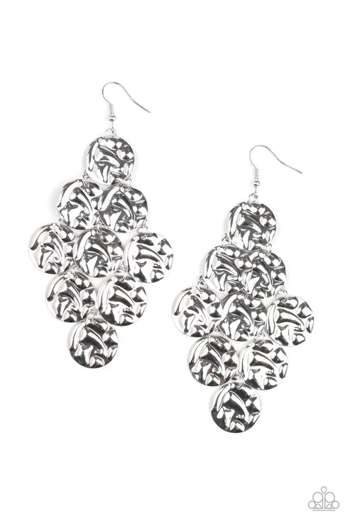 Metro Trend - Oversized Silver Embossed Tactile Cascade Discs Edgy Lure Earrings E#1829