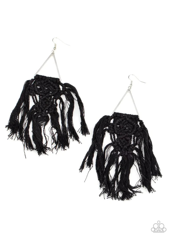 Modern Day Macrame - Black Triangular Knotted Macramé Fringe Tassel Earrings E#490