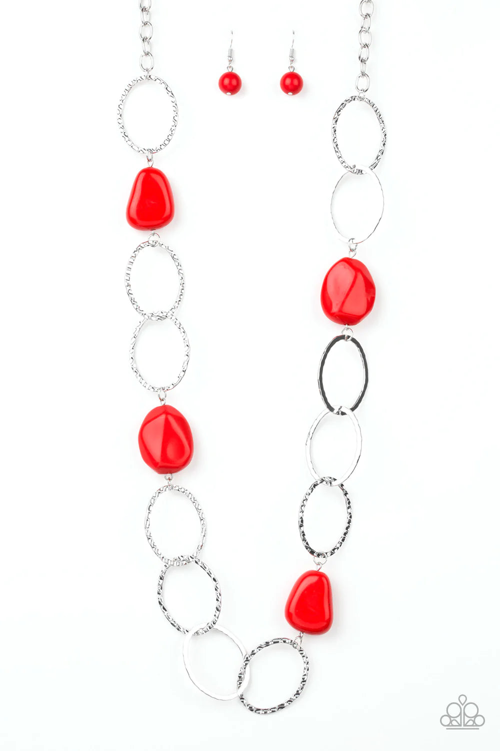 Modern Day Malibu - Oversized Red Faceted Faux Rock Hammered Hoop Necklace N#933