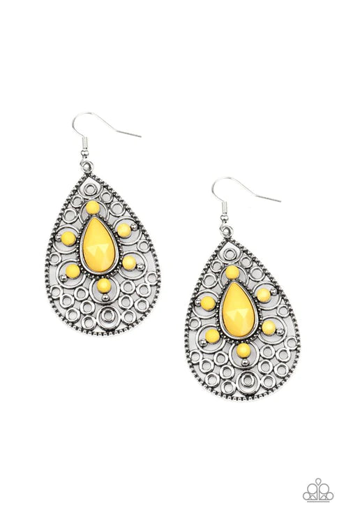 Modern Garden - Oversized Yellow Faceted Flower Frill Teardrop Earrings E#2403