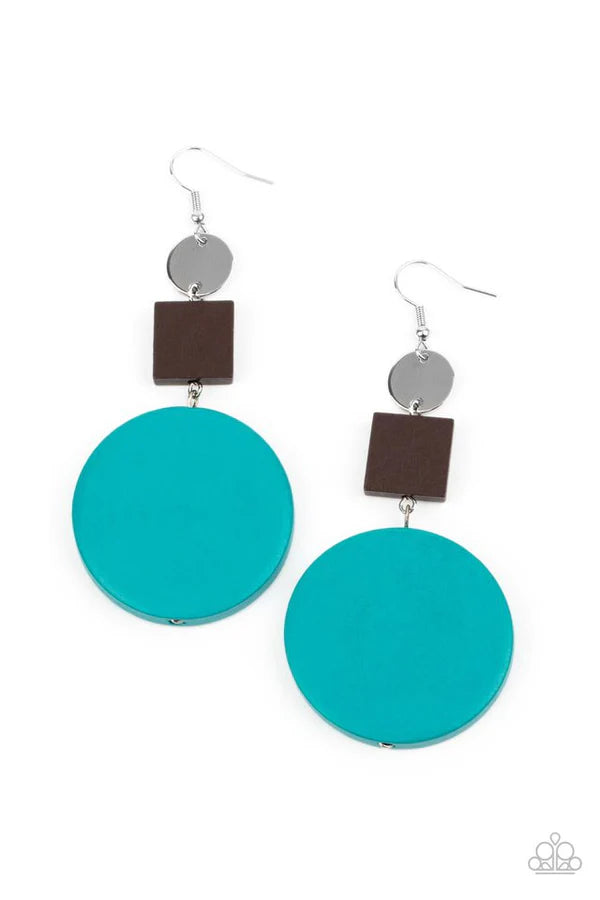 Modern Materials - Oversized Retro Blue/Brown Disc/Wooden Square/Circle Retro Lure Earrings E#1457