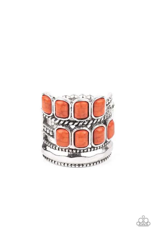 Mojave Monument - Oversized Orange Rustic Mismatched Faceted Adobe Rectangular Twisted/Studded Haphazardly Stone Ring R#002
