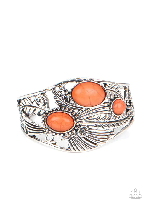 Mojave Moods - Oversized Orange Oval Dotted 3D Feather Filigree Stone Cuff Bracelet B#2536