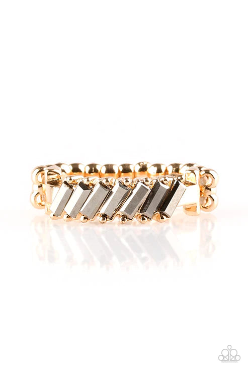 Money Hungry - Gold Slant Regal Emerald-Cut Hematite Encrusted Ring R#1631