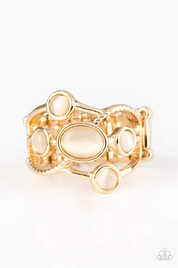 Moon Mood - Gold Dotted Cat's Eye Moonstone Textured Swoop Ring R#1035