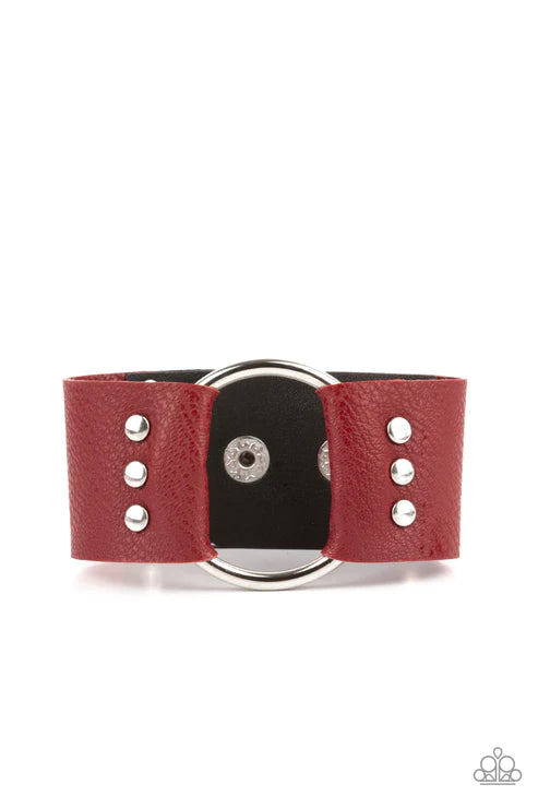 Moto Mayhem - Oversized Red/Black/Silver Studded Hoop Leather Bracelet B#1677