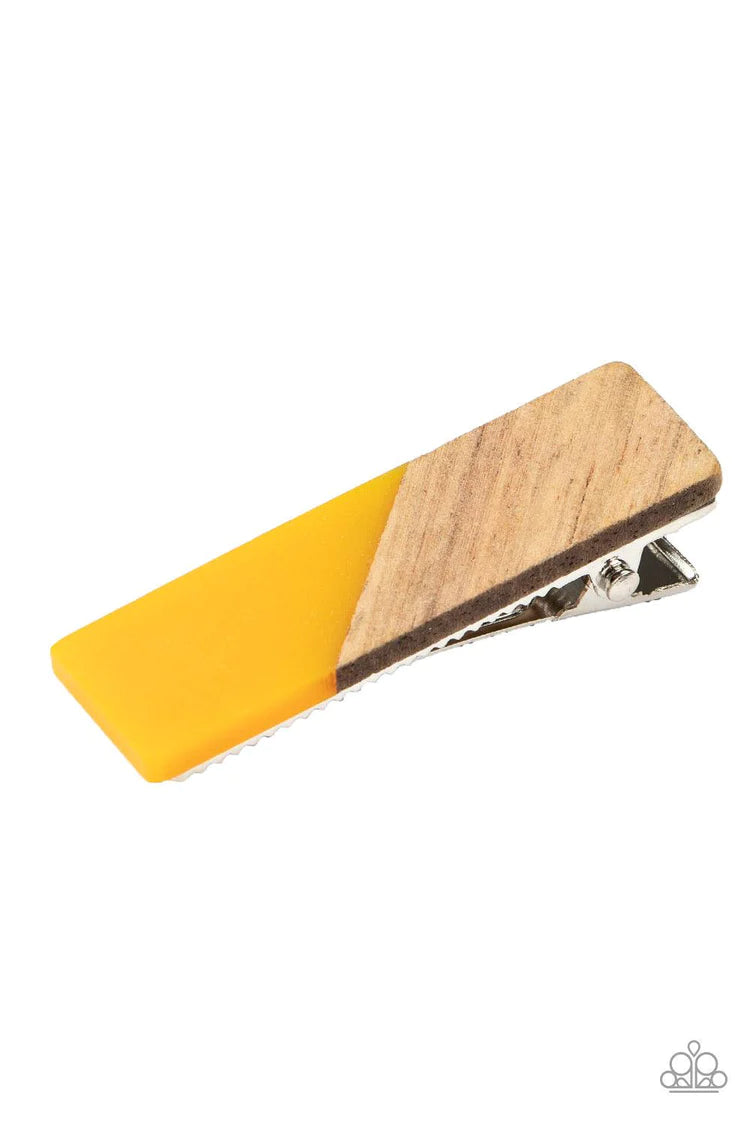 Never HAIR The End of It - Oversized Yellow Rectangular Accent/Wooden Hair Clip H#068