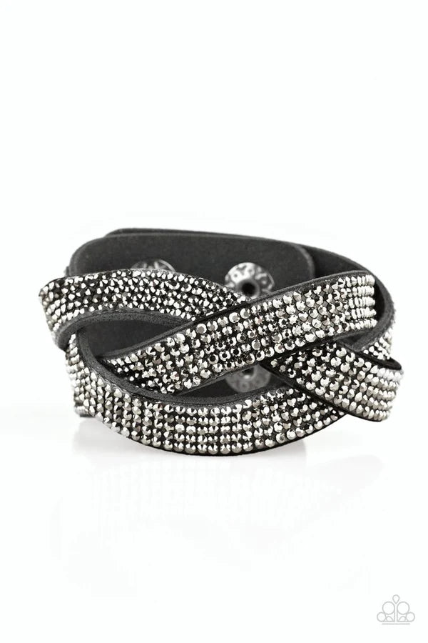 Nice Girls Finish Last - Black/Hematite Encrusted Trio Braid Suede Wrap Adjustable Snap Closure Bracelet B#786