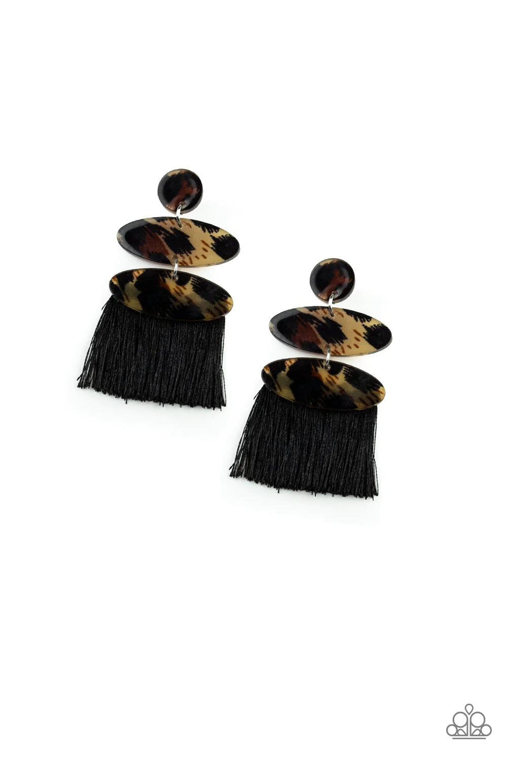No One Likes A Cheetah - Oversized Black (Black/Brown) Wild Cheetah Stacked Lure Fringe Streams Earrings E#1380