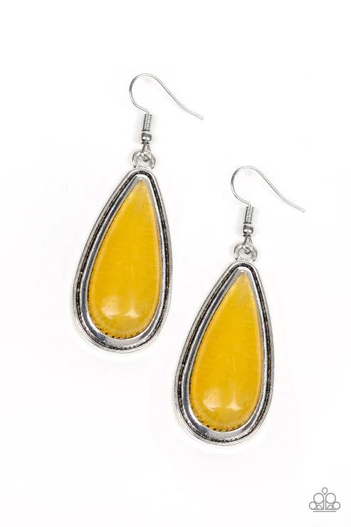 Oasis Sheen - Oversized Yellow Glassy Stone Teardrop Earrings E#2222
