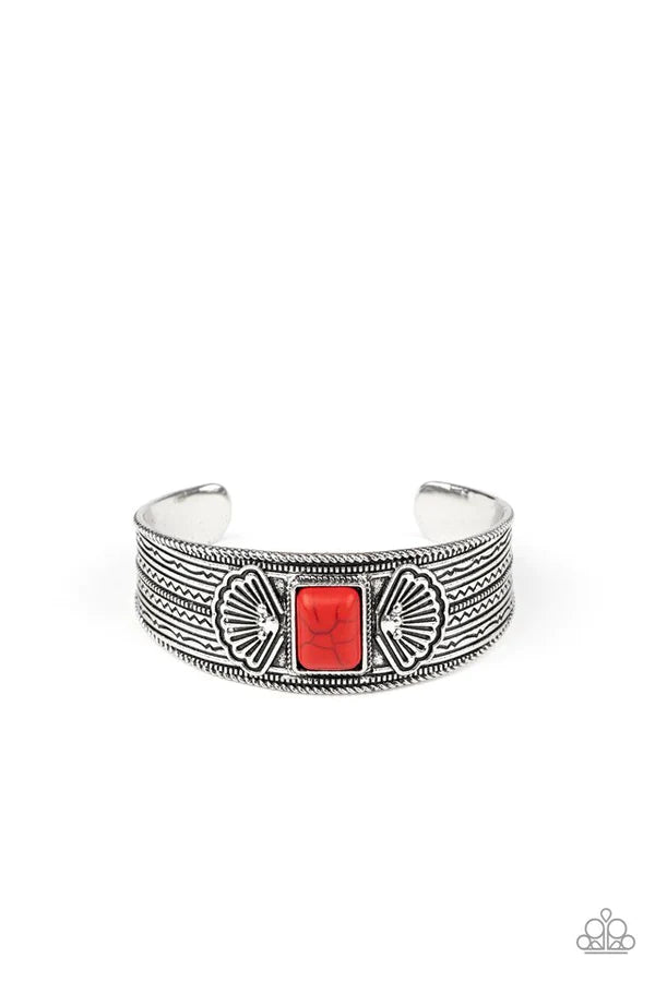 Ocean Mist - Red Rectangular Stamped Shell Stone Tribal Cuff Bracelet B#093