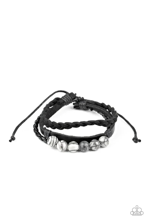 Off-Road Rebel - Black Infused Stone Mismatched Smooth/Braided Suede/Leather Adjustable Sliding Knot Closure Urban Bracelet B#2053