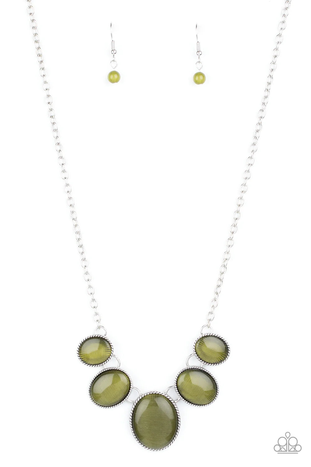 One Can Only GLEAM - Green (Military Olive) Oval Cat's Eye Moonstone Linked Necklace N#125