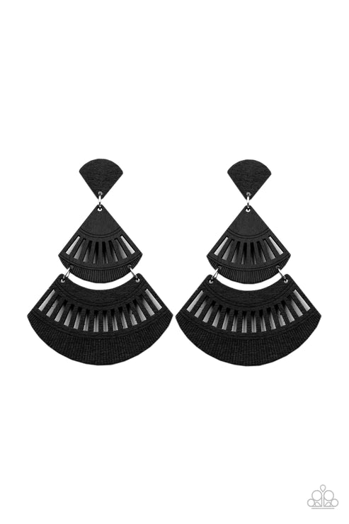 Oriental Oasis - Oversized Black Airy Stenciled Triangular Crescent Connect Fanned Out Lure Wood Earrings E#2250