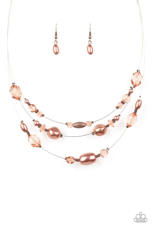 Pacific Pageantry - Copper Pearl Trio Crystal Wire Illusion Necklace N#2174