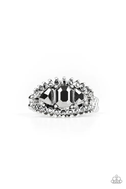 Packin Heat - Silver Triangular Encrusted Hematite Ring R#1762
