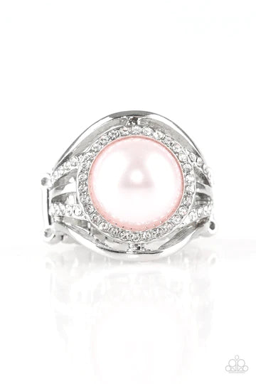 Pampered In Pearls - Oversized Pink Metallic Pearl Drop Flare Encrusted Ring R#710