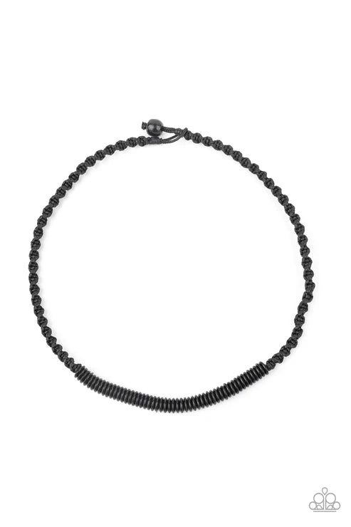 Plainly Primal - Black Knotted Braided Cord Wood Disc Button Loop Closure Urban Necklace N#1653