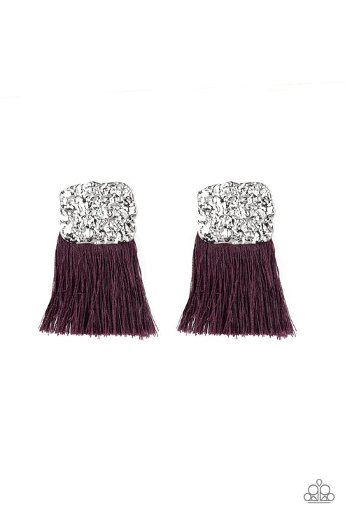 Plume Bloom - Purple Plume Thread Streams Hammered Tassel Earrings E#1683