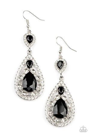 Posh Pageantry - Oversized Black Trio Encrusted Lure Teardrop Link Earrings E#454