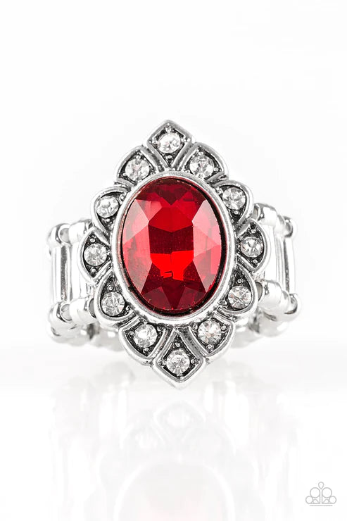 Power Behind The Throne - Fiery Red Glassy Marquise Regal Encrusted Ring R#1950