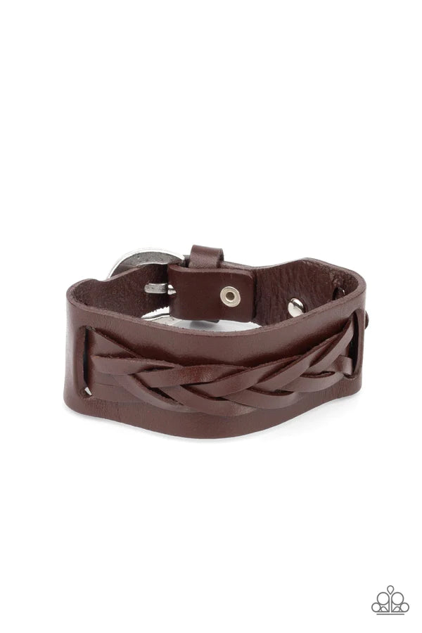 Practical Pioneer - Brown Hammered Studded Braided Lace Leather Urban Bracelet B#235