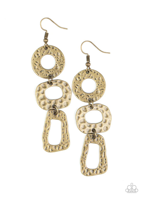 Prehistoric Prowl - Oversized Brass Asymmetrical Trio Imperfect Hammered Earrings E#1555