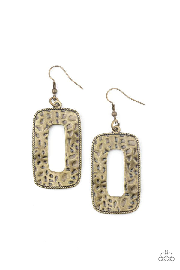 Primal Elements - Oversized Brass Rectangular Metallic Bordered Rope Hammered Antiqued Textured Earrings E#1483
