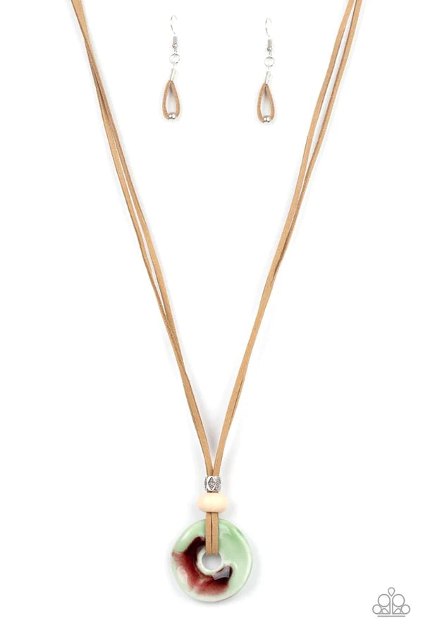 Primal Paradise - Green Asymmetrical Ceramic Disc Suede Necklace N#253