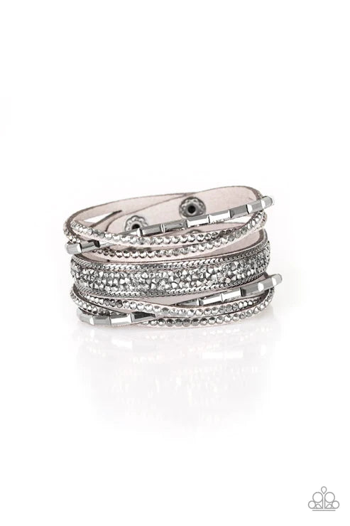 Punk Prowess - Silver Spliced Hematite Encrusted Braid Suede Wrap Adjustable Snap Closure Bracelet B#1598
