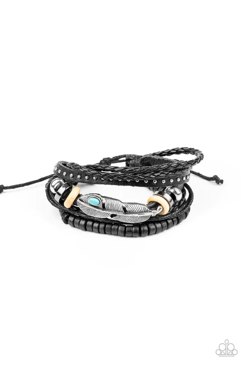 Quill Quarry - Blue 3D Leaf Wooden/Stone Knotted Accent Leather Adjustable Sliding Knot Closure Urban Bracelet B#2062