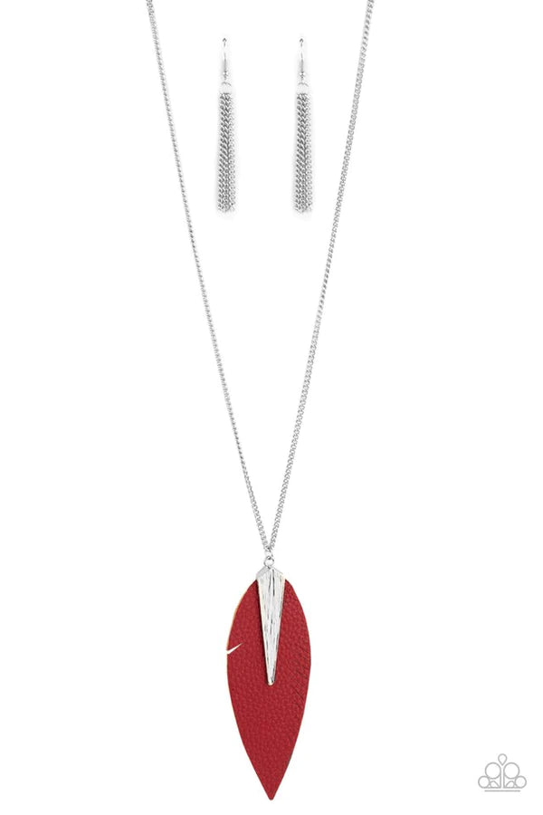 Quill Quest - Oversized Red Hammered Hammered Pinched 3D Spliced Feathery Leaf Leather Necklace N#551